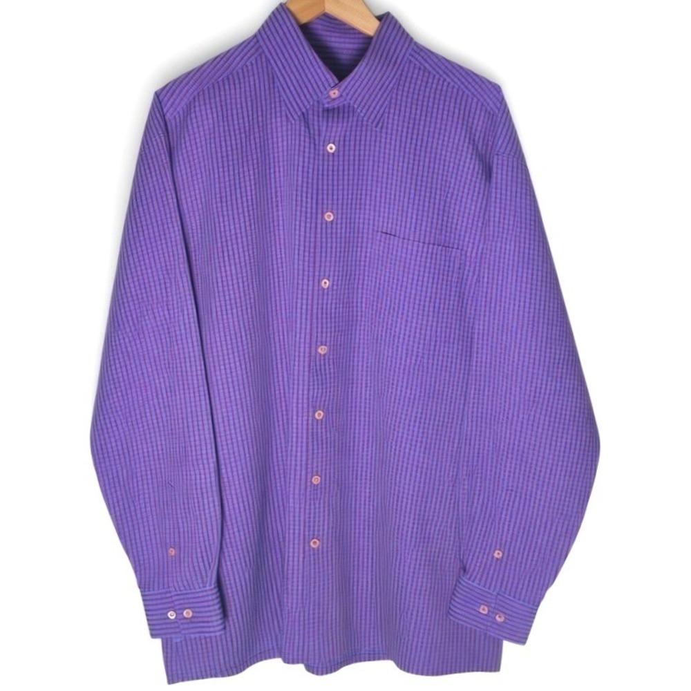 Bugatchi Uomo Mens XXL Purple Blue Micro Check Modal Blend Button Down Shirt